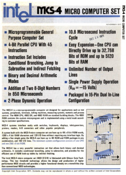 Première page de la fiche technique de la famille de quatre puces MCS-4 dont le microprocesseur Intel 4004 constitue le cœur
