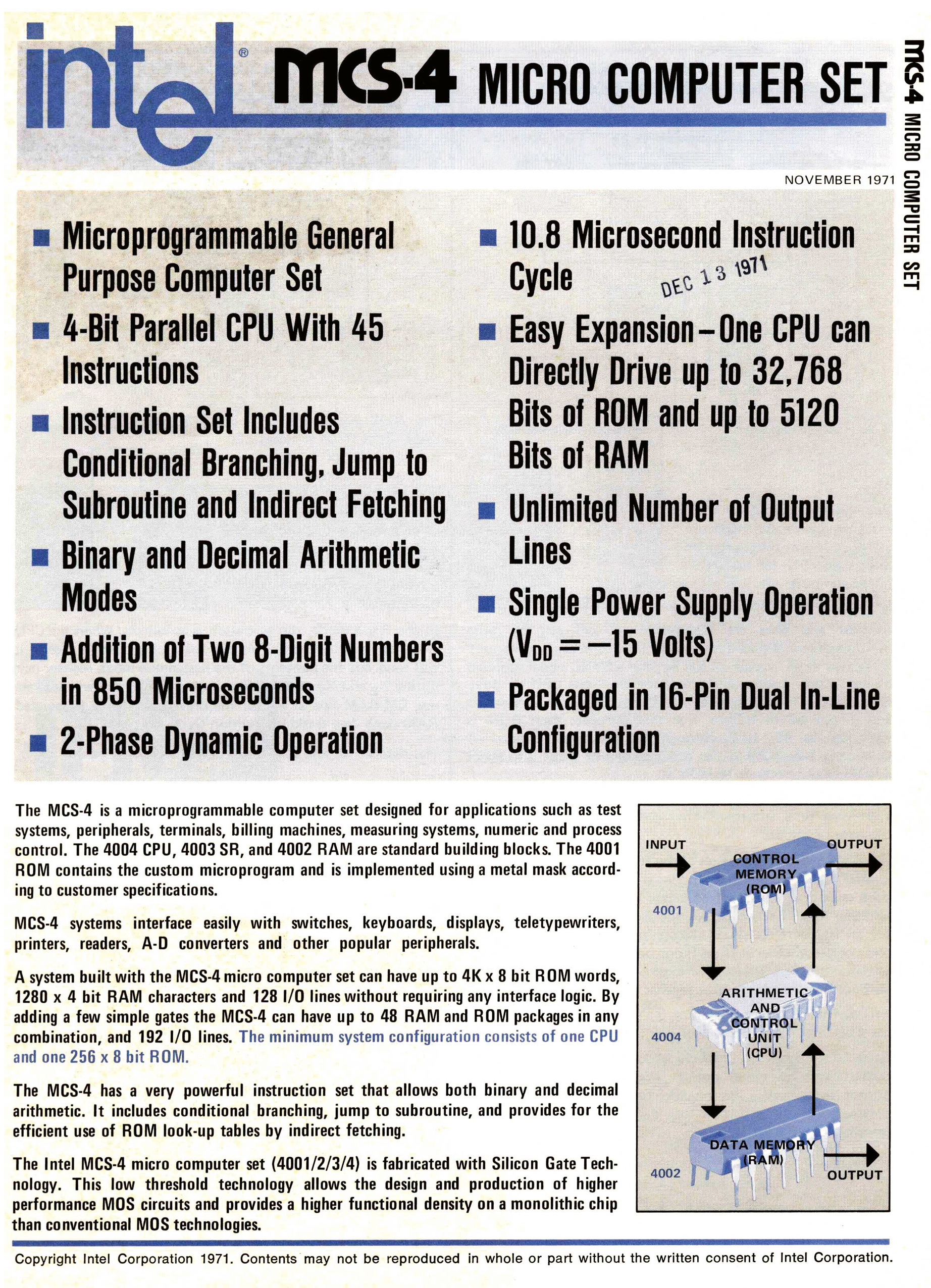 Première page de la fiche technique de la famille de quatre puces MCS-4 dont le microprocesseur Intel 4004 constitue le cœur