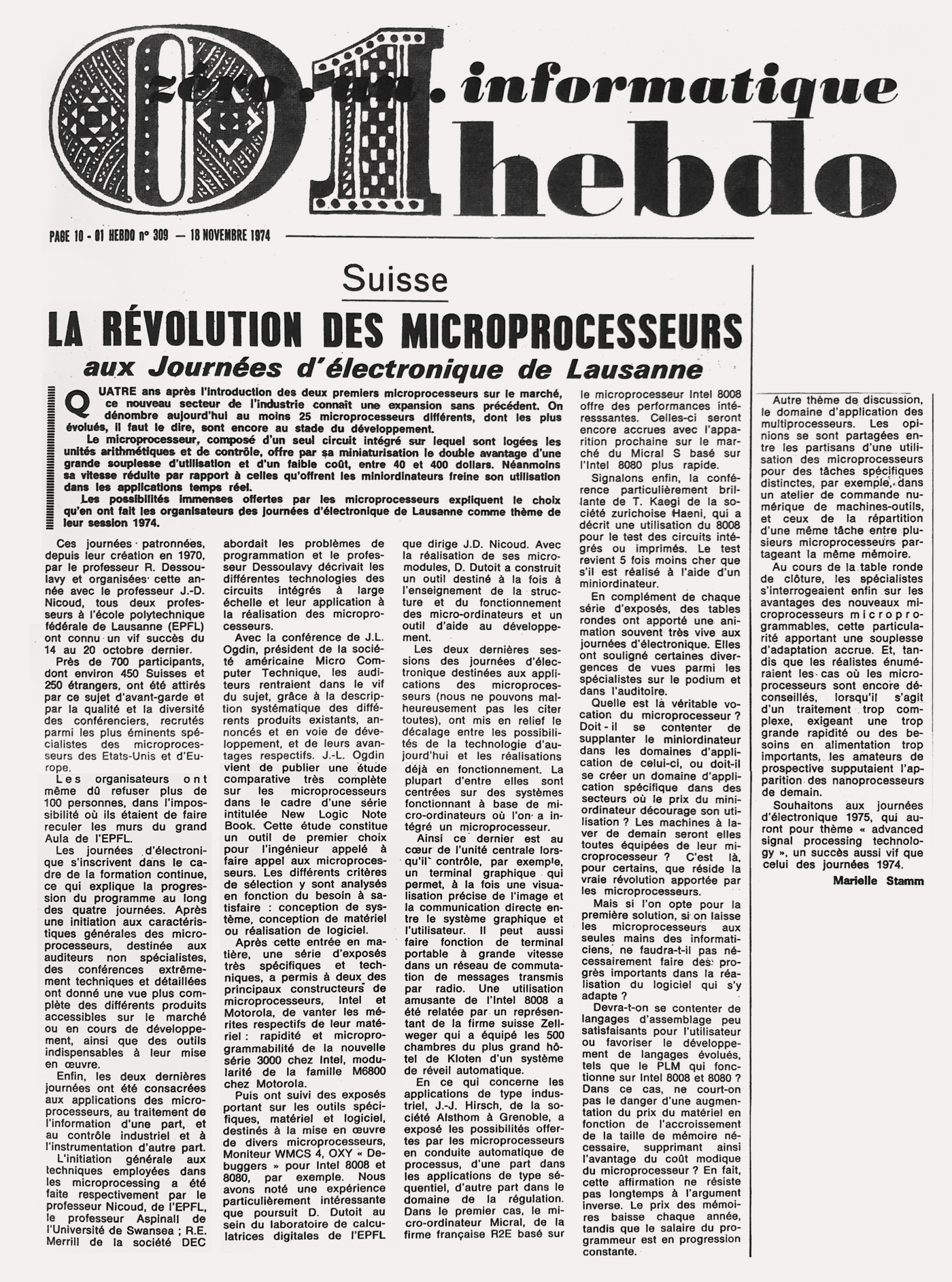 La révolution des microprocesseurs, un des premiers articles écrits par Marielle Stamm en tant que journaliste en informatique (18/11/1974)-18_11_1974