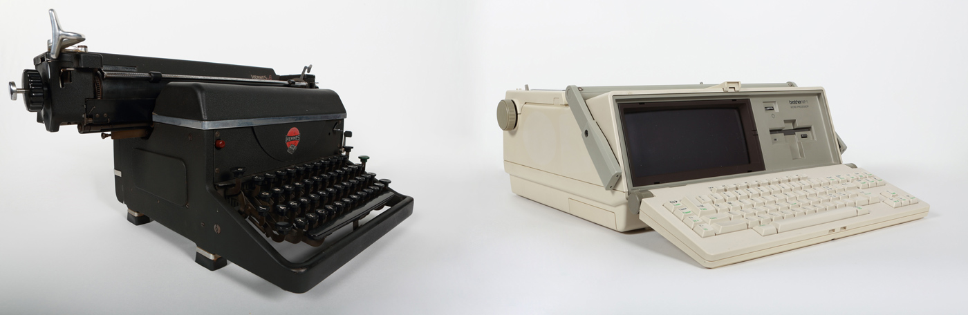 © Sébastien Monachon | Machine à écrire mécanique Hermès, machine à traitement de texte (Brother WP-1, 1985) dotée d’un lecteur de disquette et d’une imprimante intégrée