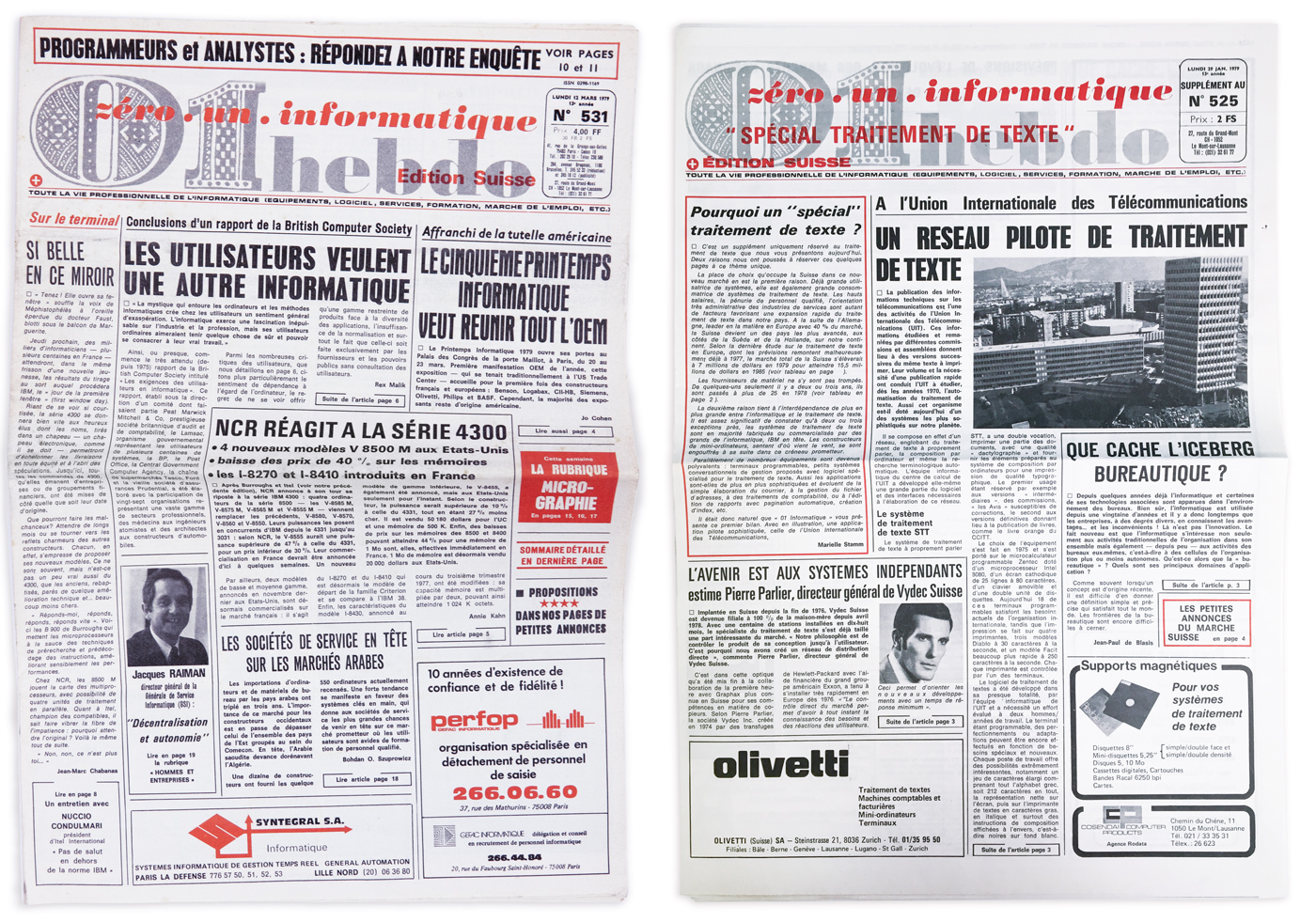 Edition Suisse de 01 Informatique (12/03/1979). Sortaient parfois des suppléments à thème, à l’instar d’un 01 Informatique dédié au traitement de texte (29/01/1979)