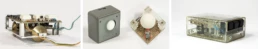 Depuis 1974, plusieurs prototypes de souris se sont succédé au LCD. A gauche: la première souris suisse (1974)! Jean-Daniel Nicoud a l’idée de remplacer les deux potentiomètres de la souris de Douglas Engelbart par des roues utilisant un encodeur optique pour mesurer les déplacements. Plus besoin de la soulever! Dès 1976, André Guignard réalise des souris. Au centre: une boule de ping-pong remplace les roues qui actionnent les encodeurs optiques (1976). A droite: la balle de ping-pong, trop légère, sera remplacée par une bille métallique (1978). 