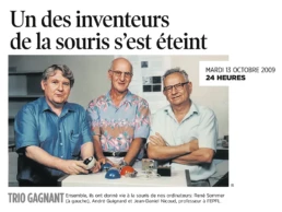 Les trois mousquetaires de la souris: René Sommer (à gauche), André Guignard, Jean-Daniel Nicoud, article paru dans le quotidien 24 Heures le 13 octobre 2009 | © Musée Bolo