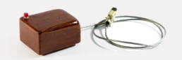 La première souris de Douglas Engelbart est en bois, avec deux roues, des potentiomètres et un unique bouton rouge (1964). Il la dévoilera, dans une version améliorée avec trois boutons, lors de sa célèbre <a href=