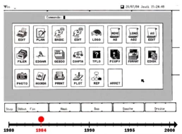 «On voit ici l’interface qui permet de lancer les logiciels du Smaky 100 (1984)», bien plus tard que le Smaky 6 (1978) | © Daniel Roux